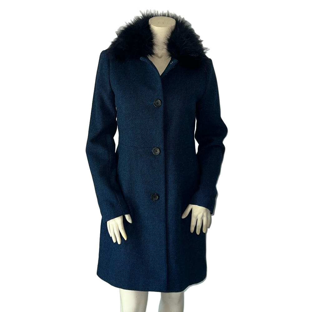 Banana Republic Navy Long Button Down Removable Faux Fur Coat Jacket. Size Small